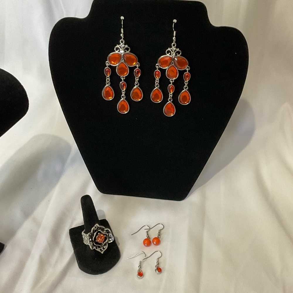 Paparazzi Women’s Orange Ring & 3 Piece Earrings Jewelry Set
